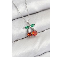 Pirinç Zirkon Taşlı Kiraz Model Gümüş Renk Kadın Kolye - TJ-BKO10421