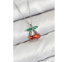 Pirinç Zirkon Taşlı Kiraz Model Gümüş Renk Kadın Kolye - TJ-BKO10421