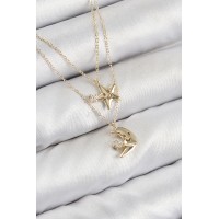 Pirinç Zirkon Taşlı Yıldız Ve Ay Model Gold Renk Kadın Kolye - TJ-BKO10422