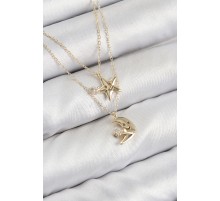 Pirinç Zirkon Taşlı Yıldız Ve Ay Model Gold Renk Kadın Kolye - TJ-BKO10422