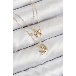 Pirinç Zirkon Taşlı Yıldız Ve Ay Model Gold Renk Kadın Kolye - TJ-BKO10422