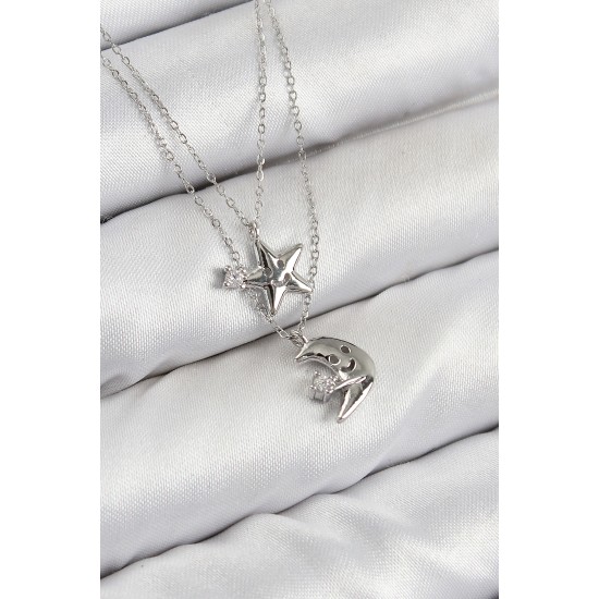 Pirinç Zirkon Taşlı Yıldız Ve Ay Model Gümüş Renk Kadın Kolye - TJ-BKO10423