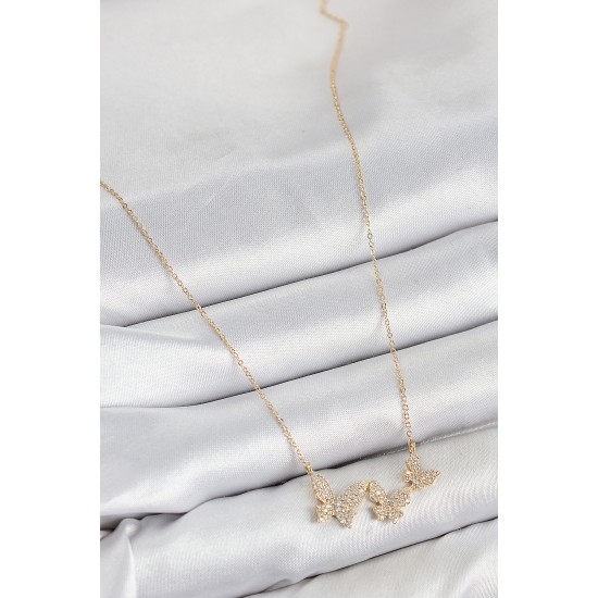 Pirinç Zirkon Taşlı Kelebek Model Gold Renk Kadın Kolye - TJ-BKO10424