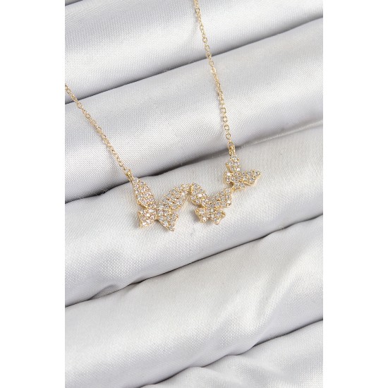 Pirinç Zirkon Taşlı Kelebek Model Gold Renk Kadın Kolye - TJ-BKO10424