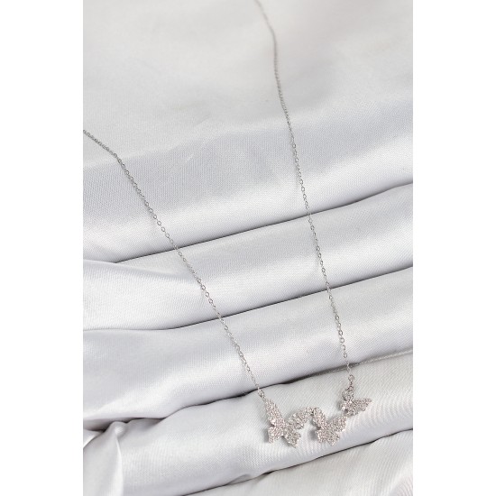 Pirinç Zirkon Taşlı Kelebek Model Gümüş Renk Kadın Kolye - TJ-BKO10425