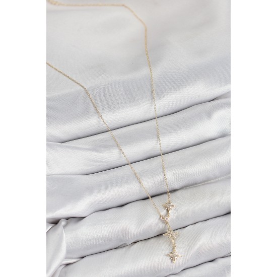 Pirinç Zirkon Taşlı Kutup Yıldızı Model Gold Renk Kadın Kolye - TJ-BKO10426