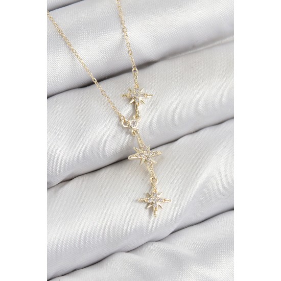 Pirinç Zirkon Taşlı Kutup Yıldızı Model Gold Renk Kadın Kolye - TJ-BKO10426