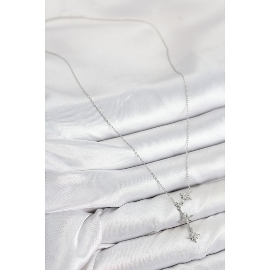 Pirinç Zirkon Taşlı Kutup Yıldızı Model Gümüş Renk Kadın Kolye - TJ-BKO10427