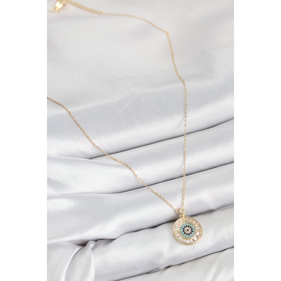 Pirinç Zirkon Taşlı Su Yolu Nazar Model Gold Renk Kadın Kolye - TJ-BKO10428