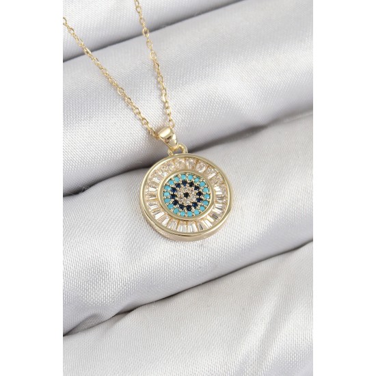 Pirinç Zirkon Taşlı Su Yolu Nazar Model Gold Renk Kadın Kolye - TJ-BKO10428