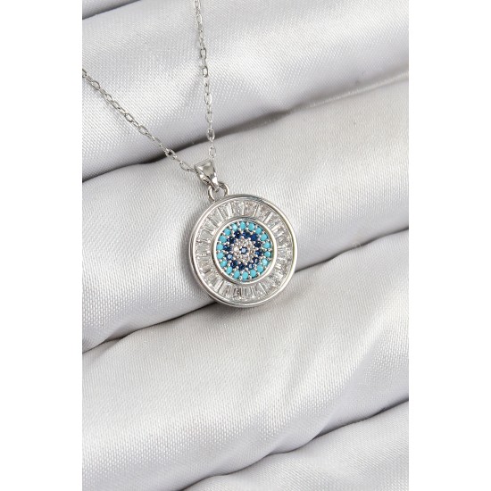 Pirinç Zirkon Taşlı Su Yolu Nazar Model Gümüş Renk Kadın Kolye - TJ-BKO10429