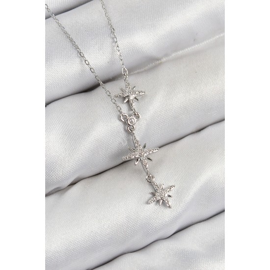 Pirinç Zirkon Taşlı Kutup Yıldızı Model Gümüş Renk Kadın Kolye - TJ-BKO10427