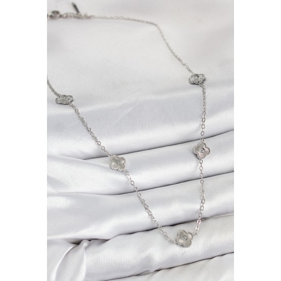 316L Çelik Yonca Model Gümüş Renk Kadın Kolye - TJ-BKO10431