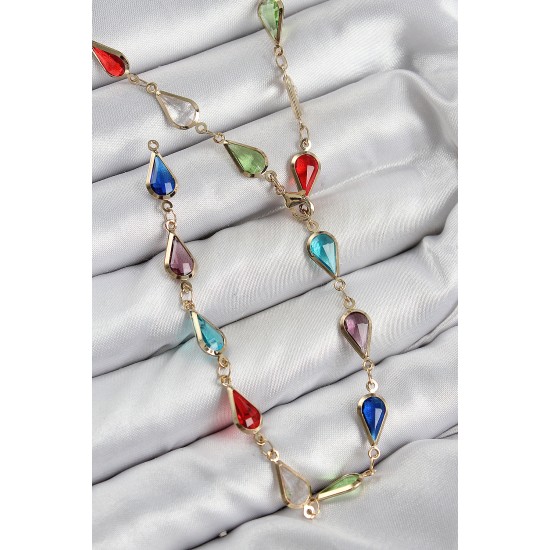 Pirinç Renkli Zirkon Taşlı Damla Model Gold Renk Kadın Y Kolye - TJ-BKO10437