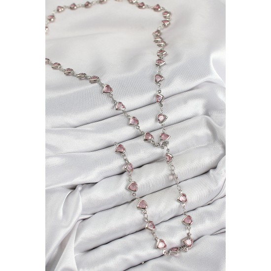 Pirinç Pembe Zirkon Taşlı Kalp Model Gümüş Renk Kadın Y Kolye - TJ-BKO10438