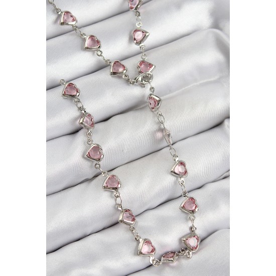 Pirinç Pembe Zirkon Taşlı Kalp Model Gümüş Renk Kadın Y Kolye - TJ-BKO10438