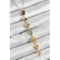 Pirinç Renkli Zirkon Taşlı Model Gold Renk 7 Element Kadın Y Kolye TJ-BKO10439