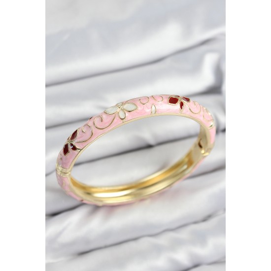 Mineli Pirinç Pembe Çiçek Motifli Gold Kadın Kelepçe - TJ-BB7632
