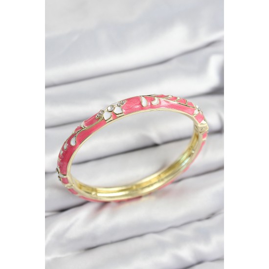 Mineli Pirinç Zirkon Taşlı Pembe Çiçek Motifli Gold Kadın Kelepçe - TJ-BB7638