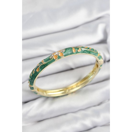 Mineli Pirinç Zirkon Taşlı Yeşil Çiçek Motifli Gold Kadın Kelepçe - TJ-BB7639