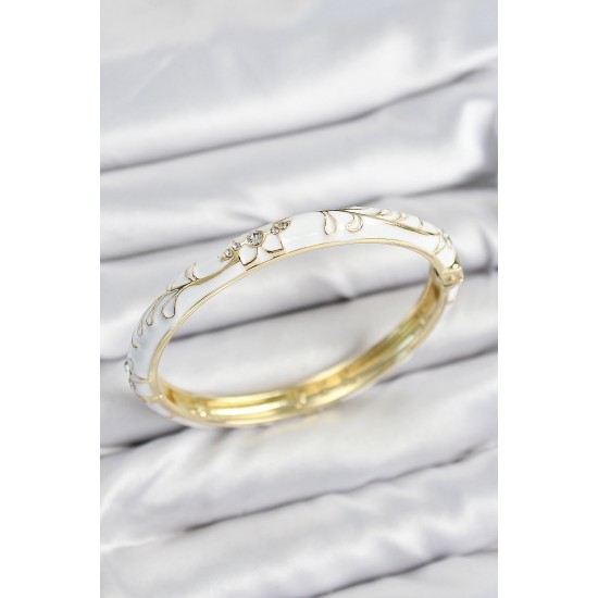 Mineli Pirinç Zirkon Taşlı Beyaz Çiçek Motifli Gold Kadın Kelepçe - TJ-BB7641