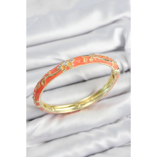 Mineli Pirinç Zirkon Taşlı Turuncu Çiçek Motifli Gold Kadın Kelepçe - TJ-BB7642