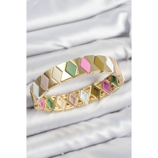 Pirinç Baklava Desenli Asorti Gold Renk Lastikli Kadın Bileklik - TJ-BB7644