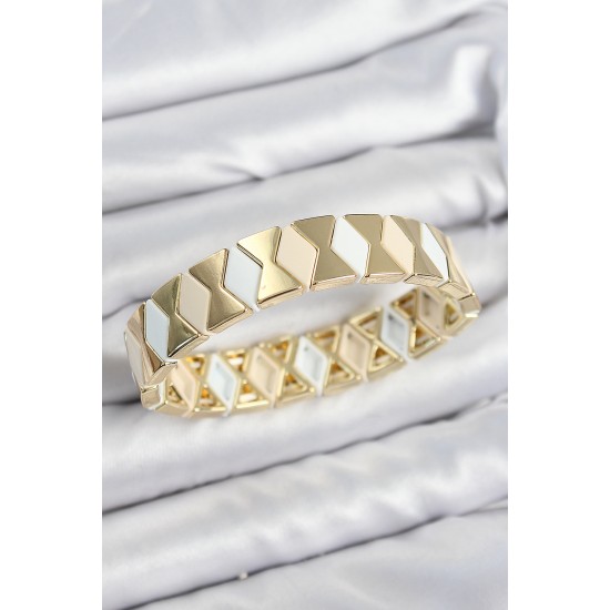 Pirinç Baklava Desenli Krem Beyaz Gold Renk Lastikli Kadın Bileklik - TJ-BB7645