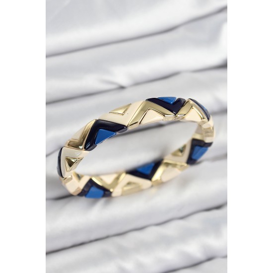 Pirinç Zikzak Desenli Lacivert Krem Siyah Gold Renk Lastikli Kadın Bileklik - TJ-BB7646