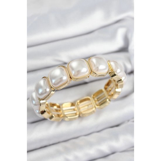 Pirinç Kare İnci Model Gold Renk Lastikli Kadın Bileklik - TJ-BB7647