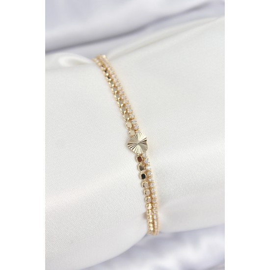 Pirinç Zirkon Taşlı Ezme Zincirli Kalp Model Gold Renk Kadın Bilekilk - TJ-BB7654