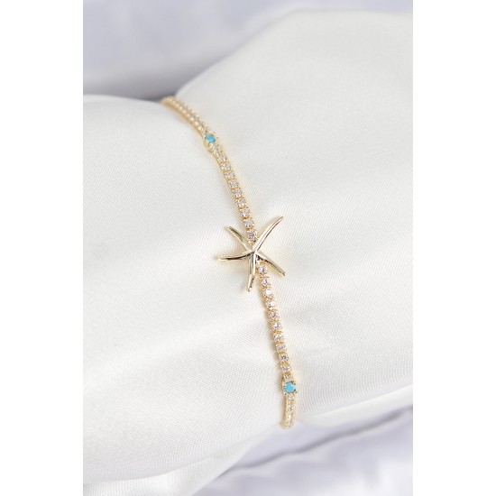 Pirinç Zirkon Taşlı Deniz Yıldızı Model Gold Renk Kadın Bilekilk - TJ-BB7657