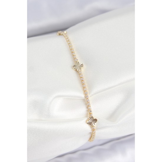 Pirinç Zirkon Taşlı Yonca Model Gold Renk Kadın Bilekilk - TJ-BB7659