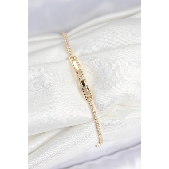 Pirinç Zirkon Taşlı Kare Model Gold Renk Kadın Bilekilk - TJ-BB7660