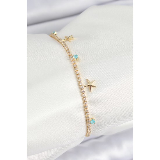 Pirinç Zirkon Taşlı Deniz Yıldızı Model Gold Renk Kadın Bilekilk - TJ-BB7662