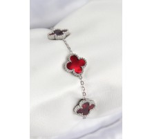 316L Çelik Sedefli Kırmızı Gümüş Renk Yonca Kadın Bileklik - TJ-BB7665