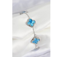 316L Çelik Sedefli Gökyüzü Mavisi Gümüş Renk Yonca Kadın Bileklik - TJ-BB7667