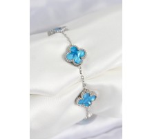 316L Çelik Sedefli Gökyüzü Mavisi Gümüş Renk Yonca Kadın Bileklik - TJ-BB7667