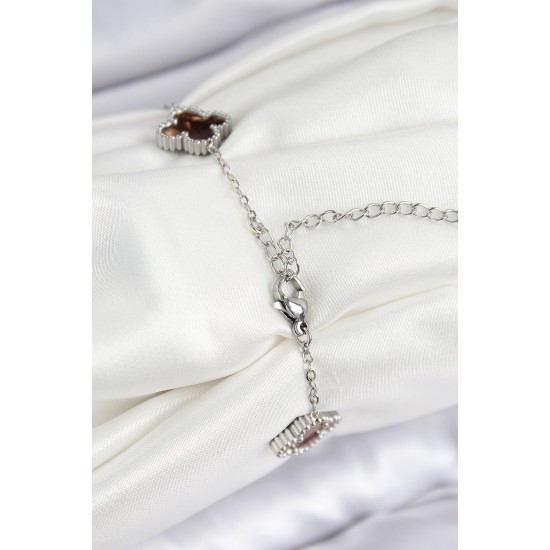 316L Çelik Sedefli Kahverengi Gümüş Renk Yonca Kadın Bileklik - TJ-BB7669