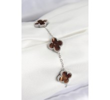 316L Çelik Sedefli Kahverengi Gümüş Renk Yonca Kadın Bileklik - TJ-BB7669