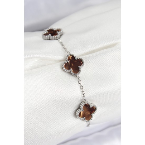 316L Çelik Sedefli Kahverengi Gümüş Renk Yonca Kadın Bileklik - TJ-BB7669