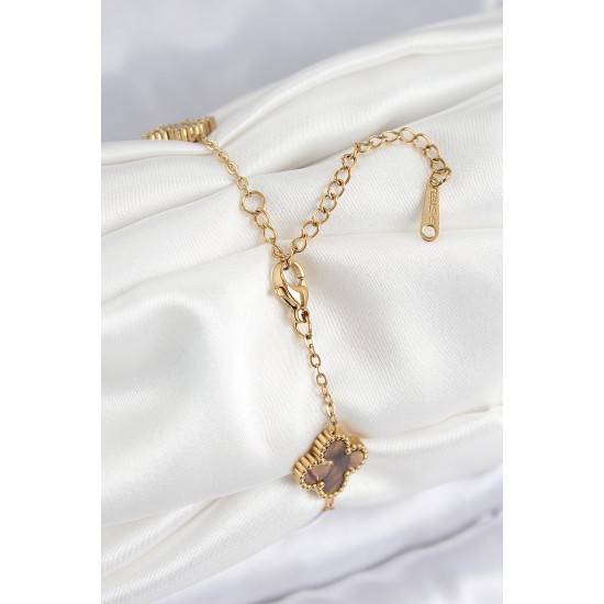 316L Çelik Sedefli Kahverengi Gold Renk Yonca Kadın Bileklik - TJ-BB7670