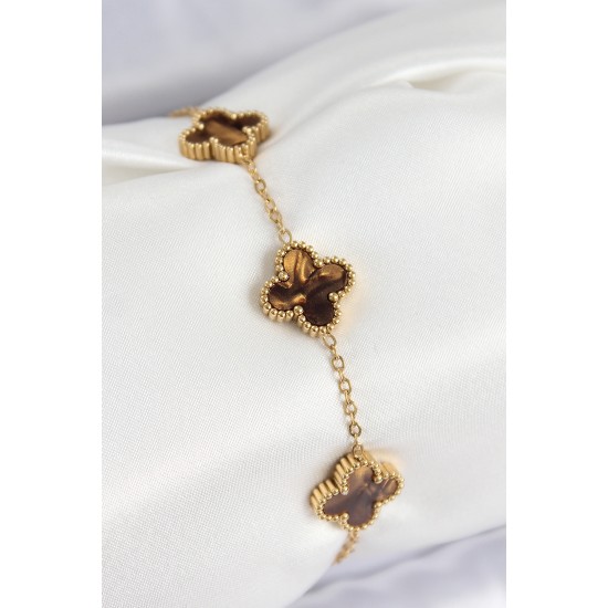 316L Çelik Sedefli Kahverengi Gold Renk Yonca Kadın Bileklik - TJ-BB7670