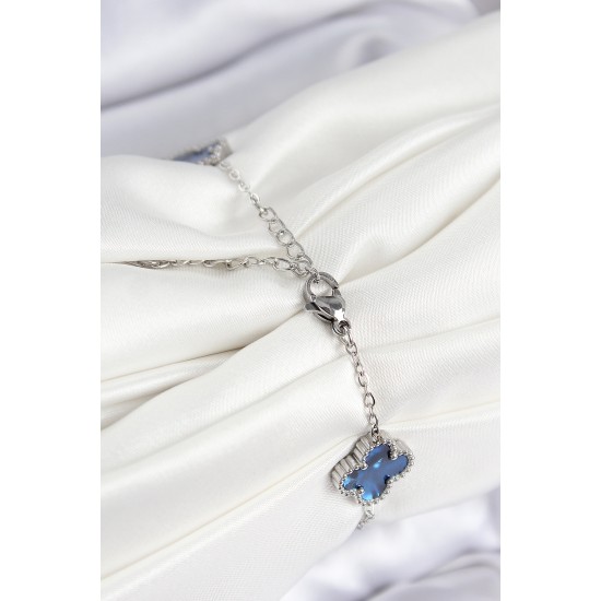 316L Çelik Sedefli Lacivert Gümüş Renk Yonca Kadın Bileklik - TJ-BB7671