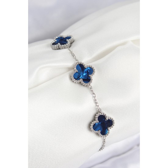 316L Çelik Sedefli Lacivert Gümüş Renk Yonca Kadın Bileklik - TJ-BB7671