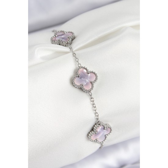 316L Çelik Sedefli Lila Gümüş Renk Yonca Kadın Bileklik - TJ-BB7673