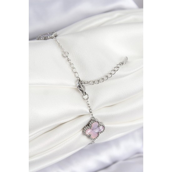 316L Çelik Sedefli Lila Gümüş Renk Yonca Kadın Bileklik - TJ-BB7673