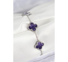 316L Çelik Sedefli Mor Gümüş Renk Yonca Kadın Bileklik - TJ-BB7674