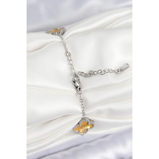 316L Çelik Sedefli Kehribar Sarı Gümüş Renk Yonca Kadın Bileklik - TJ-BB7676