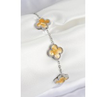 316L Çelik Sedefli Kehribar Sarı Gümüş Renk Yonca Kadın Bileklik - TJ-BB7676